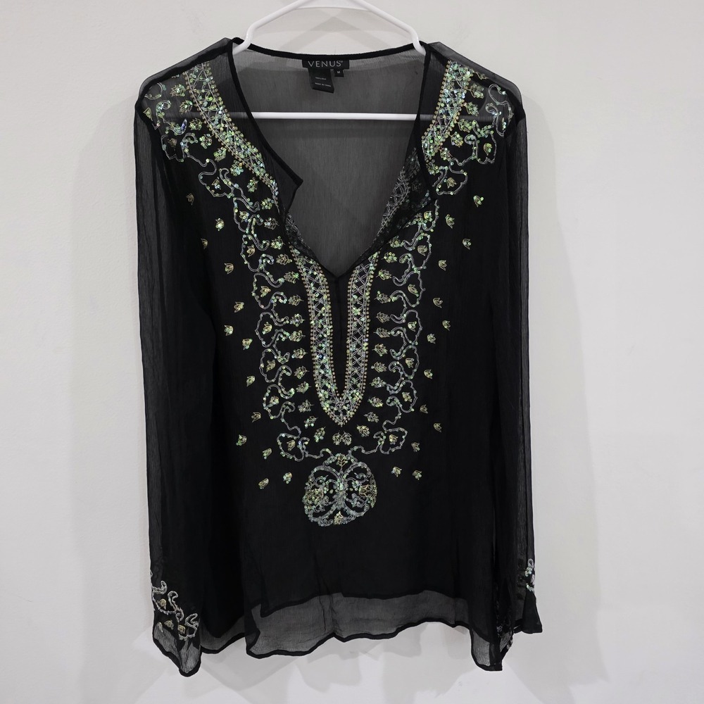 Vintage Venus Silk Beaded Embroidered Floral Top Medium Sheer Fairy Ethereal